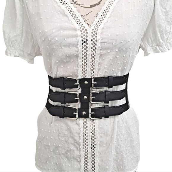 Faux leather Wide corset waist Black Belt studded Goth punk Triple buckle - Picture 1 of 16